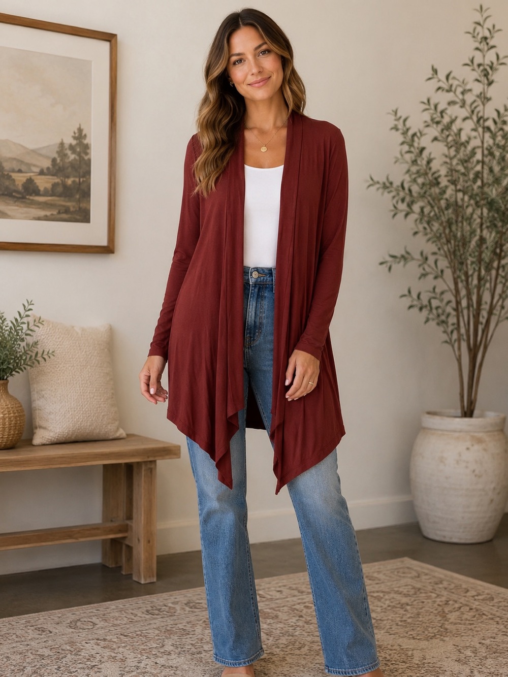 Women's Open-Front Draped Cardigan Sweater - Rust